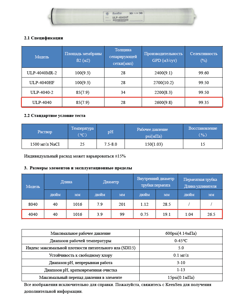 Мембрана обратноосмотическая KeenSen ULP 4040 — фото 3
