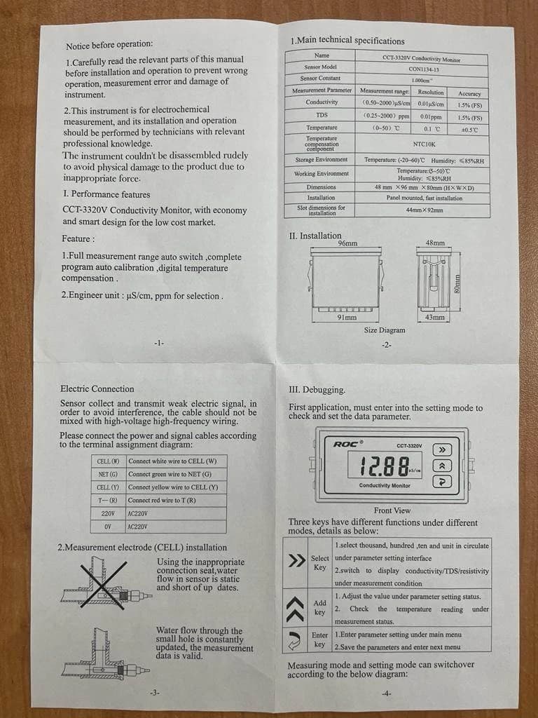 Контроллер электропроводности ROC CCT-3320V-2 — кондуктометр, 2 канала, реле, выход 4–20 мА — фото 7